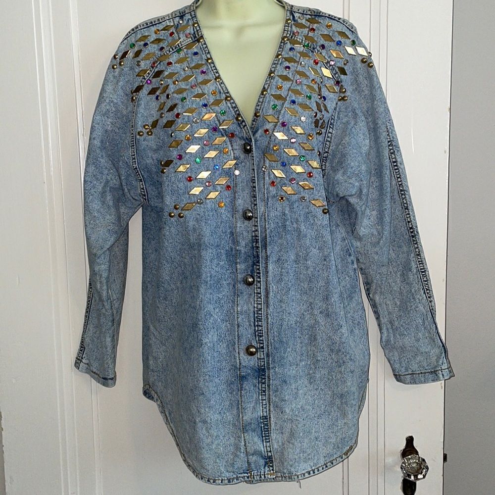 Vtg 80s Monique Fashions denim bling stud embellished bodice shirt or jacket